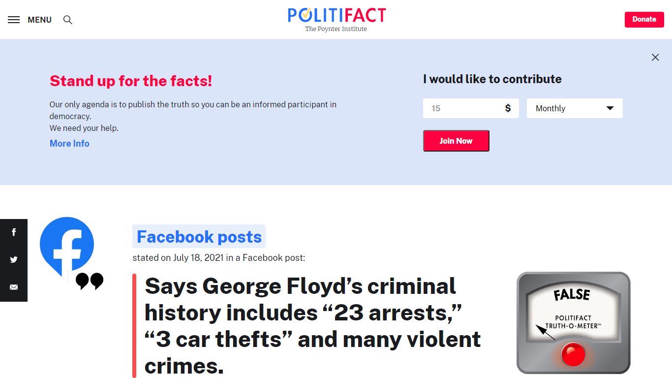 PolitiFact | A post exaggerates George Floyd’s criminal history